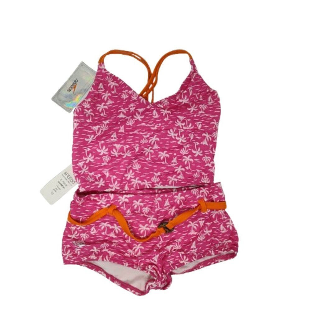 Speedo Tropical Breeze Girls Swimsuit 2 Piece Size 12 NWT Pink with White Palm - Picture 2 of 11